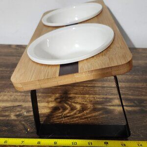Elevated Bamboo Pet Bowl Stand w/ 2x White Ceramic Bowls **USED**